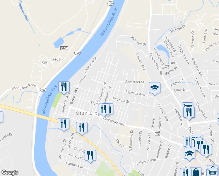 map of restaurants, bars, coffee shops, grocery stores, and more near 537 Herman Avenue in Morgantown