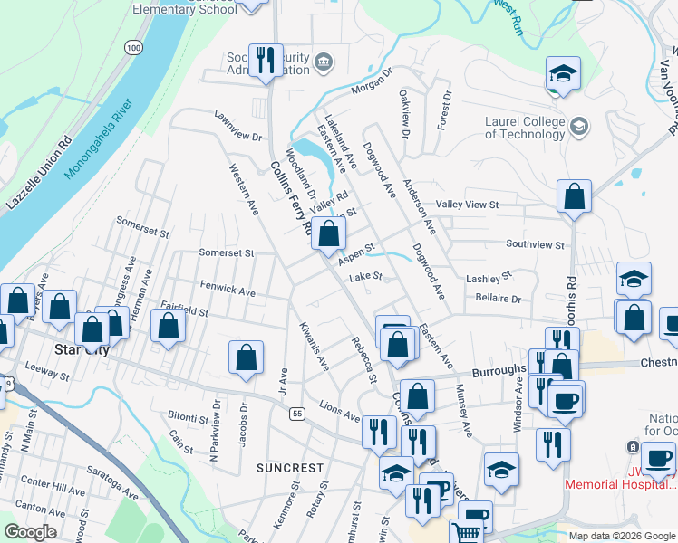 map of restaurants, bars, coffee shops, grocery stores, and more near 515 Aspen St in Morgantown