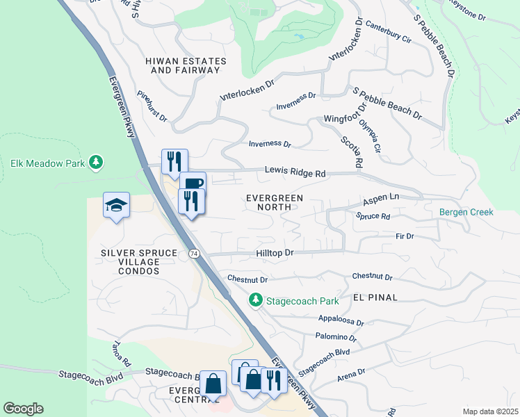 map of restaurants, bars, coffee shops, grocery stores, and more near 30554 Sun Creek Drive in Evergreen