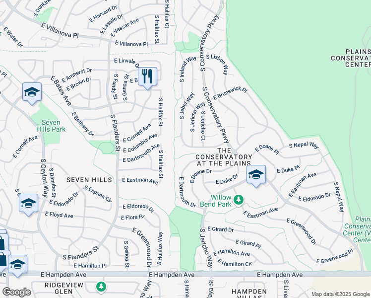 map of restaurants, bars, coffee shops, grocery stores, and more near 3109 S Jebel Way in Aurora