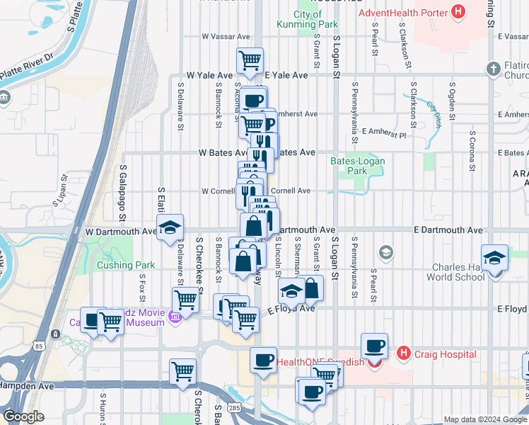 map of restaurants, bars, coffee shops, grocery stores, and more near 3035 South Lincoln Street in Englewood