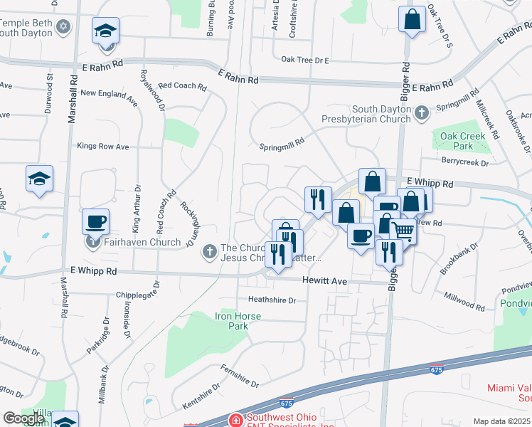 map of restaurants, bars, coffee shops, grocery stores, and more near 5414 Chimney Circle in Dayton