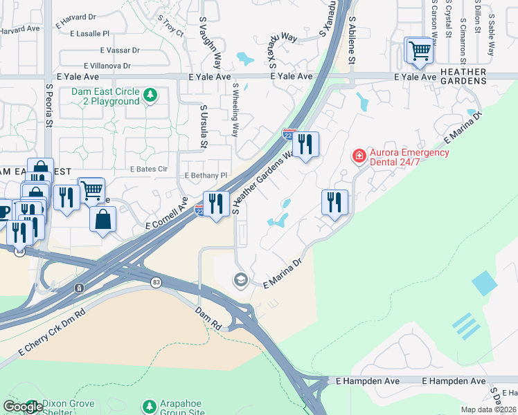 map of restaurants, bars, coffee shops, grocery stores, and more near 13609 East Cornell Avenue in Aurora