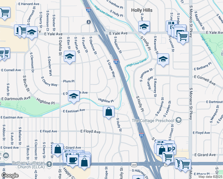 map of restaurants, bars, coffee shops, grocery stores, and more near 5298 East Dartmouth Avenue in Denver