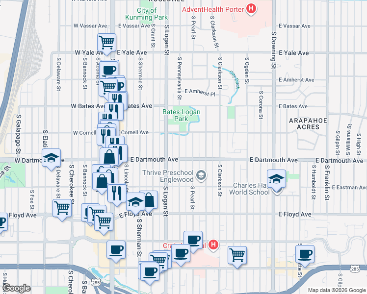 map of restaurants, bars, coffee shops, grocery stores, and more near 3057 South Pennsylvania Street in Englewood