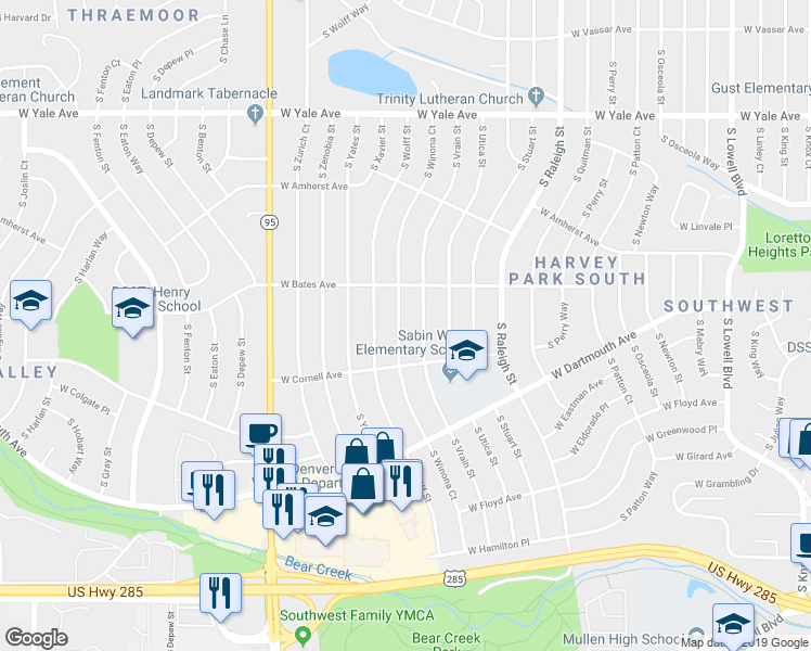 map of restaurants, bars, coffee shops, grocery stores, and more near 2934 South Winona Court in Denver