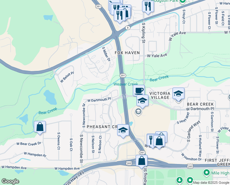 map of restaurants, bars, coffee shops, grocery stores, and more near 10109 West Dartmouth Place in Denver