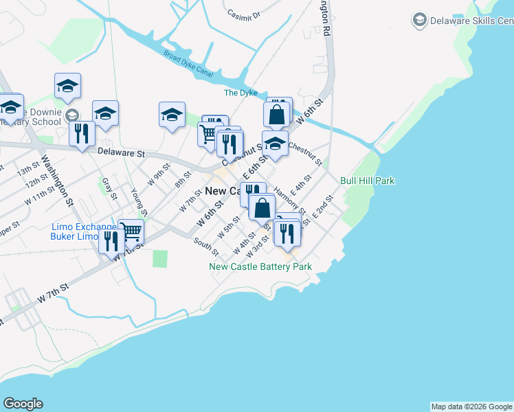 map of restaurants, bars, coffee shops, grocery stores, and more near 7 East 5th Street in New Castle