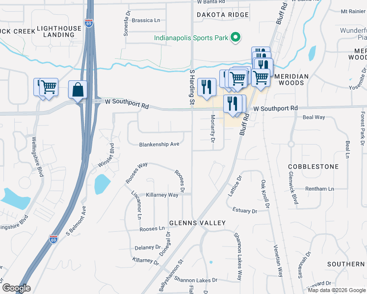map of restaurants, bars, coffee shops, grocery stores, and more near 1620 Blankenship Drive in Indianapolis