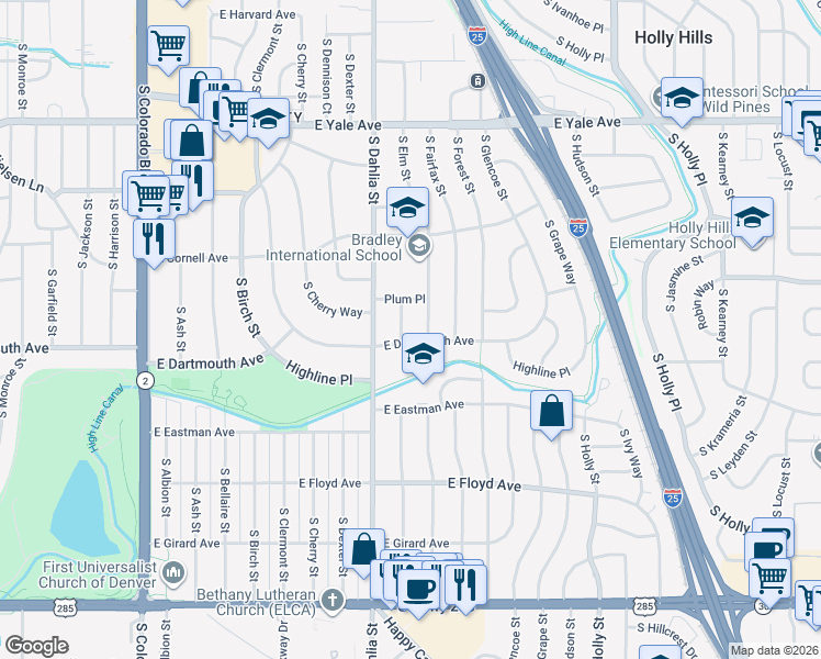 map of restaurants, bars, coffee shops, grocery stores, and more near 3085 South Elm Street in Denver