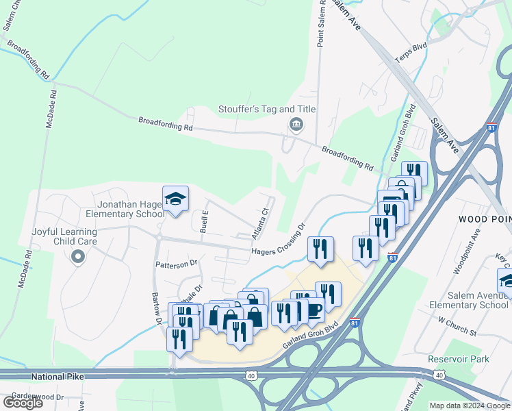 map of restaurants, bars, coffee shops, grocery stores, and more near 17802 Farragut Way in Hagerstown