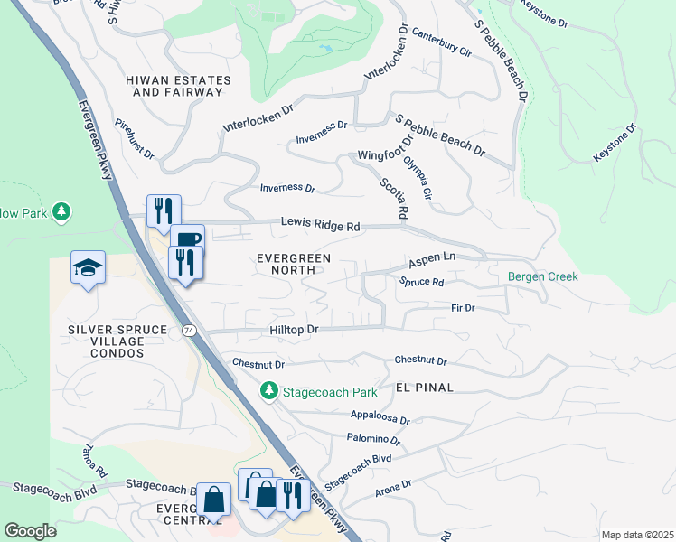 map of restaurants, bars, coffee shops, grocery stores, and more near 30423 Conifer Road in Evergreen