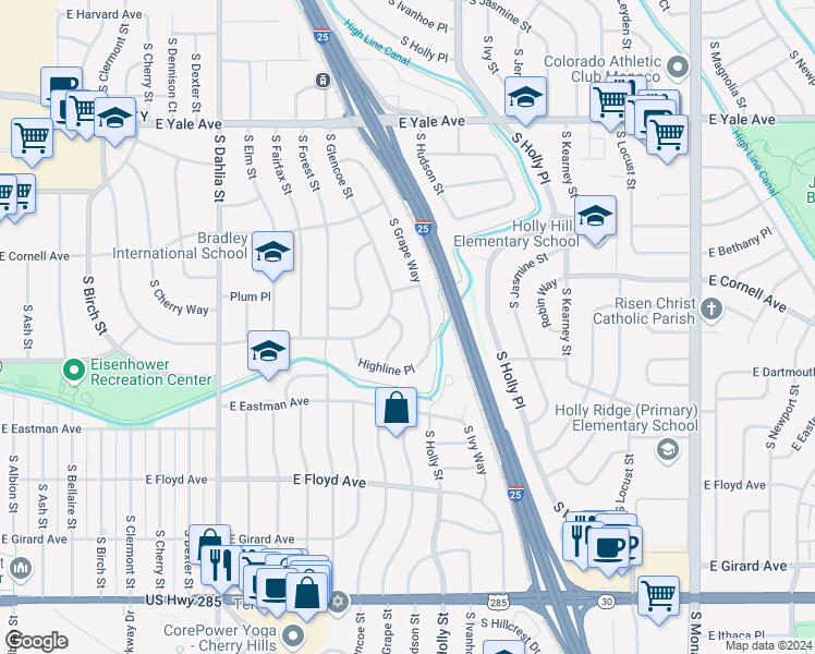 map of restaurants, bars, coffee shops, grocery stores, and more near 5298 East Dartmouth Avenue in Denver