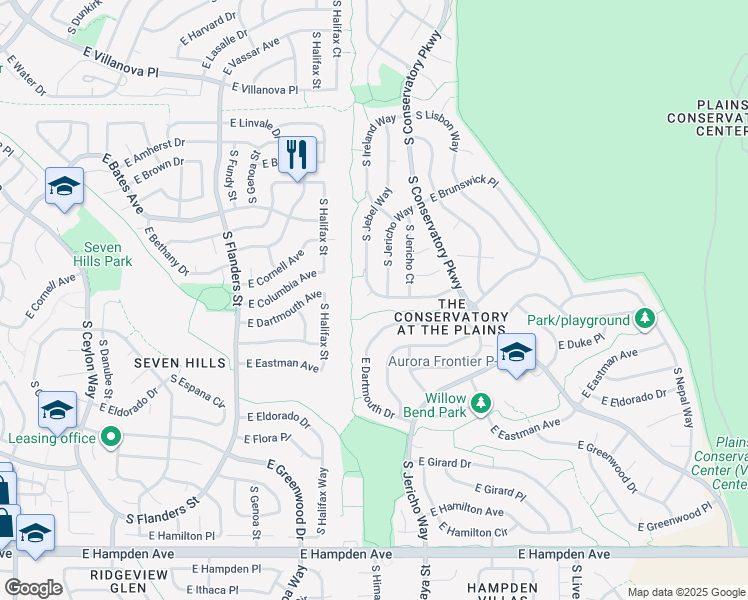 map of restaurants, bars, coffee shops, grocery stores, and more near 3109 South Jebel Way in Aurora