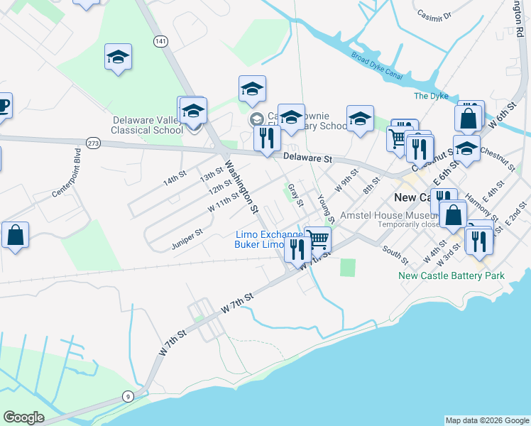 map of restaurants, bars, coffee shops, grocery stores, and more near in New Castle