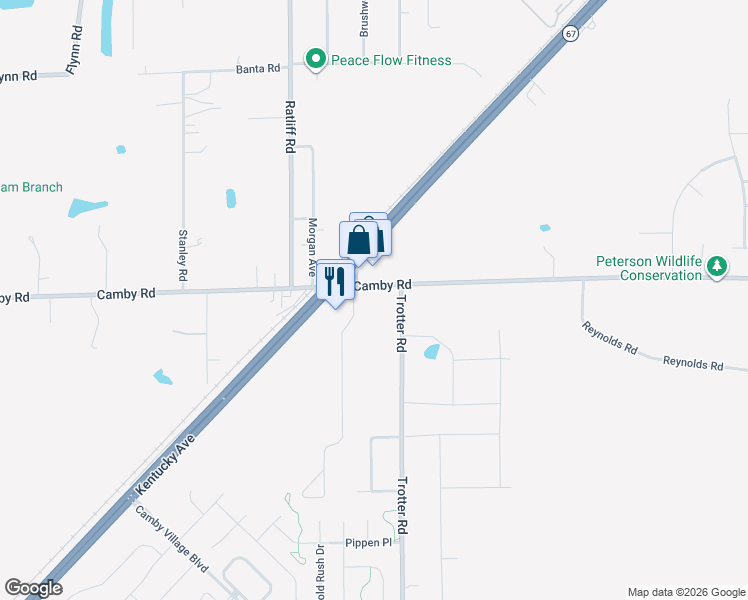 map of restaurants, bars, coffee shops, grocery stores, and more near 8300 Camby Road in Indianapolis