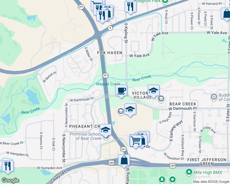 map of restaurants, bars, coffee shops, grocery stores, and more near 10025 West Dartmouth Avenue in Lakewood