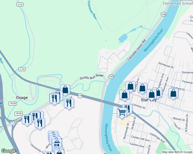 map of restaurants, bars, coffee shops, grocery stores, and more near 51 Scotts Run Road in Maidsville