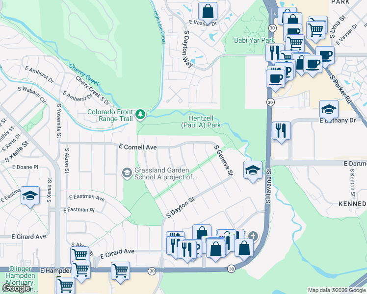 map of restaurants, bars, coffee shops, grocery stores, and more near 3042 South Florence Court in Denver