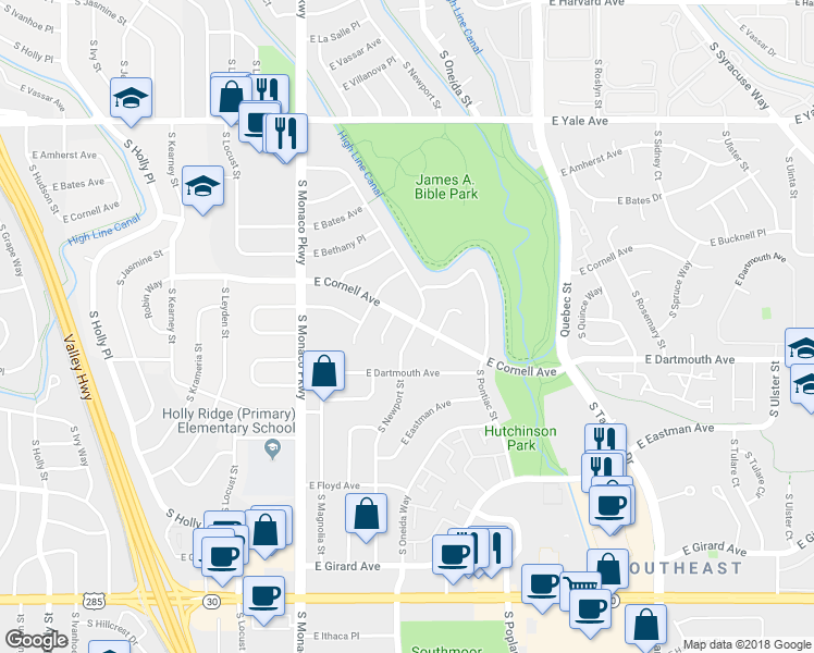 map of restaurants, bars, coffee shops, grocery stores, and more near 3001 South Newport Street in Denver
