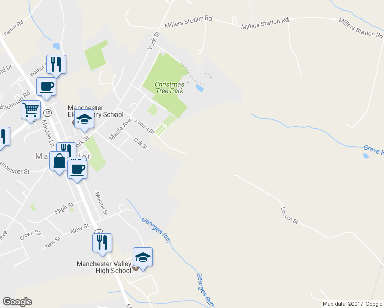map of restaurants, bars, coffee shops, grocery stores, and more near 3365 Locust Street in Manchester
