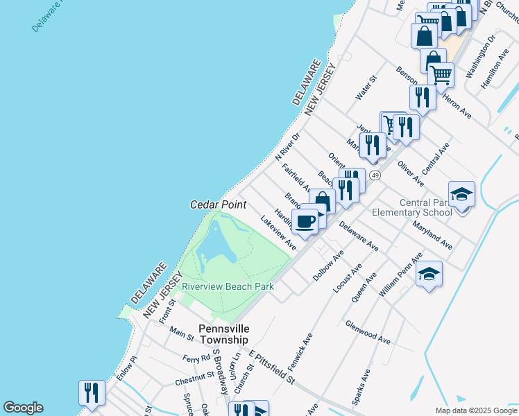 map of restaurants, bars, coffee shops, grocery stores, and more near 42 Lakeview Avenue in Pennsville