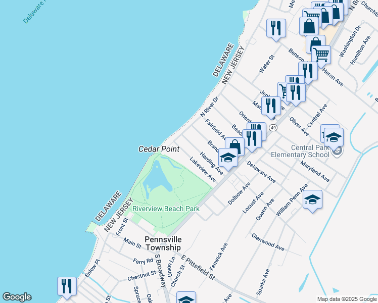 map of restaurants, bars, coffee shops, grocery stores, and more near 42 Lakeview Avenue in Pennsville
