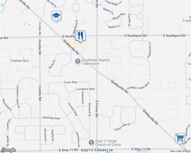 map of restaurants, bars, coffee shops, grocery stores, and more near 7346 5 Points Road in Indianapolis
