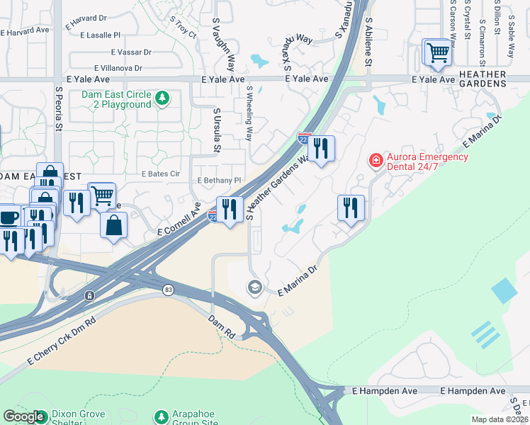 map of restaurants, bars, coffee shops, grocery stores, and more near 3022 South Wheeling Way in Aurora