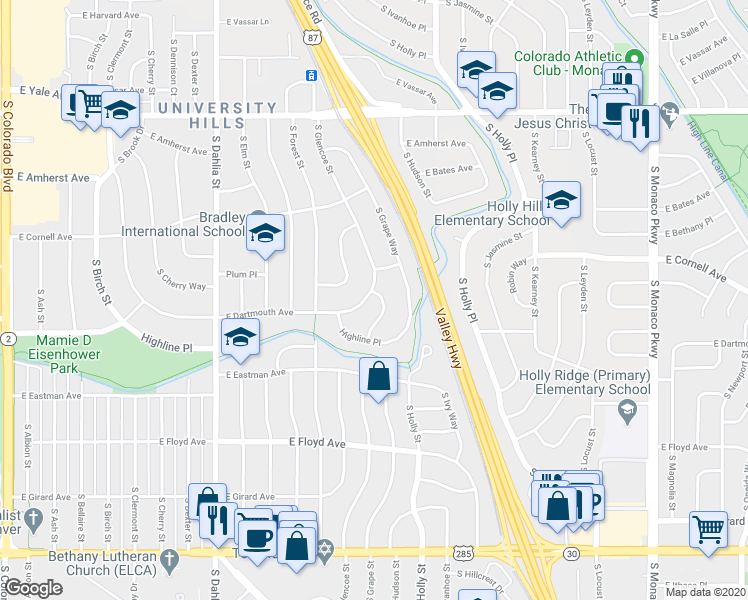 map of restaurants, bars, coffee shops, grocery stores, and more near 5298 East Dartmouth Avenue in Denver