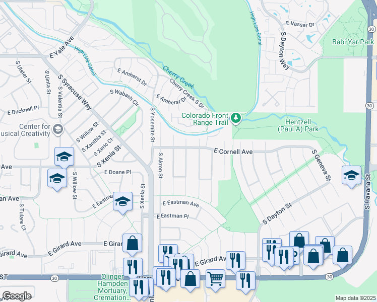 map of restaurants, bars, coffee shops, grocery stores, and more near 3026 South Alton Court in Denver