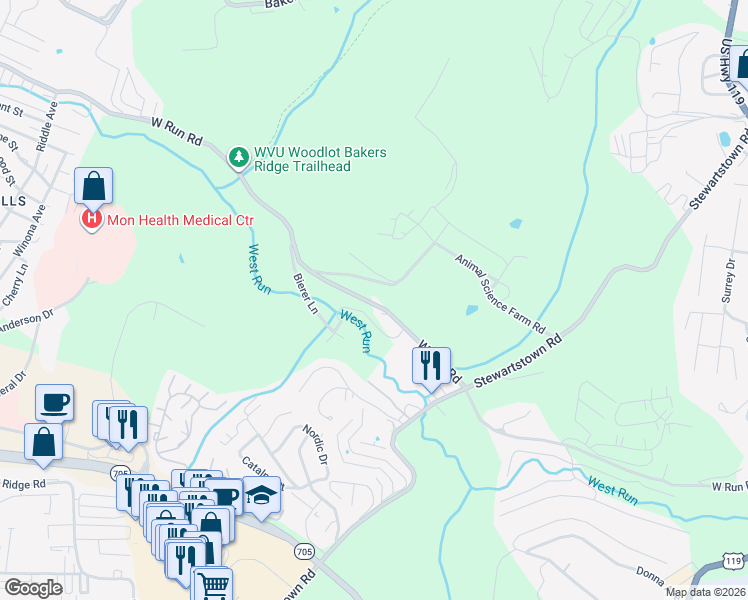 map of restaurants, bars, coffee shops, grocery stores, and more near 508 West Run Road in Morgantown