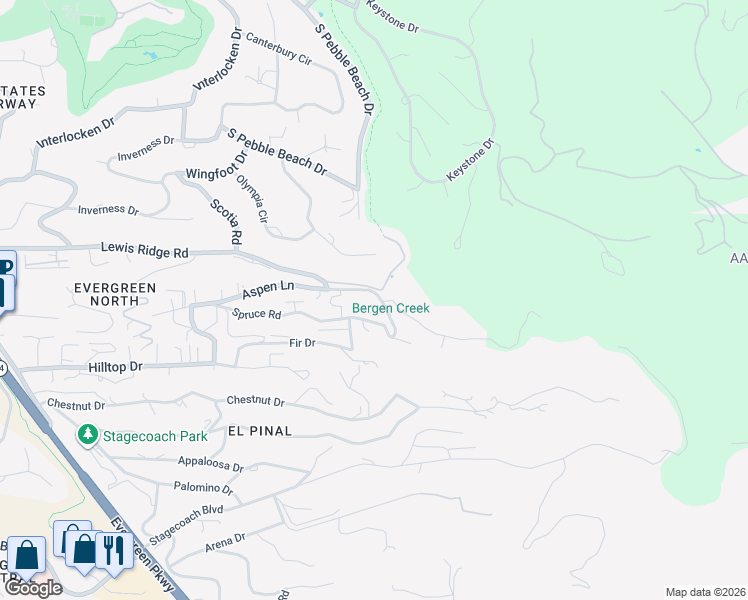 map of restaurants, bars, coffee shops, grocery stores, and more near 29658 Aspen Lane in Evergreen
