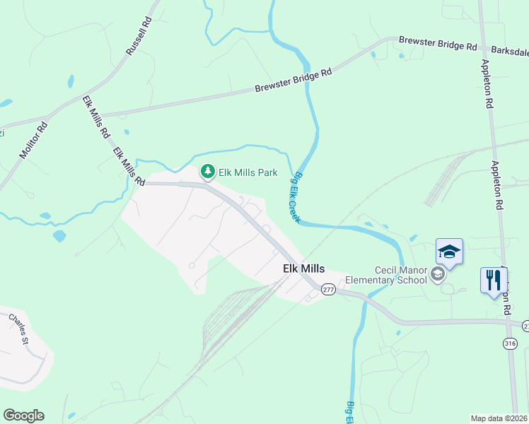 map of restaurants, bars, coffee shops, grocery stores, and more near 20 Frame Row Lane in Elk Mills