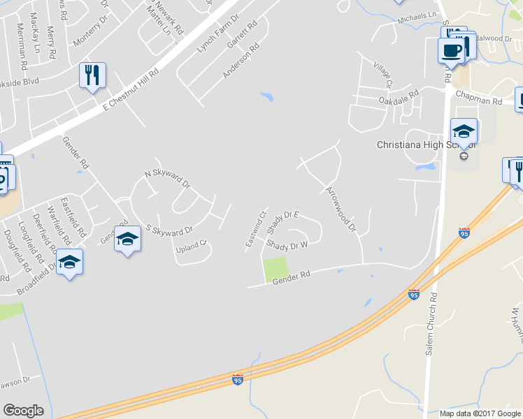 map of restaurants, bars, coffee shops, grocery stores, and more near 27 Eastwind Court in Newark