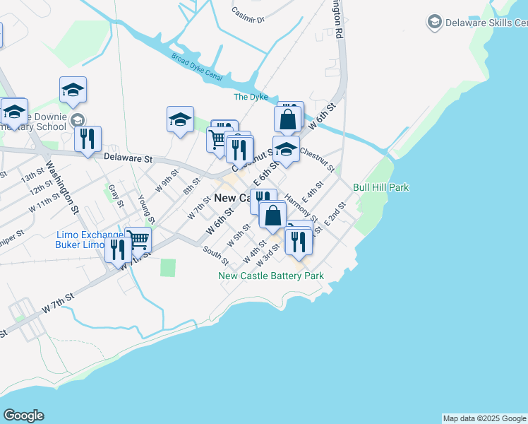 map of restaurants, bars, coffee shops, grocery stores, and more near 7 East 5th Street in New Castle