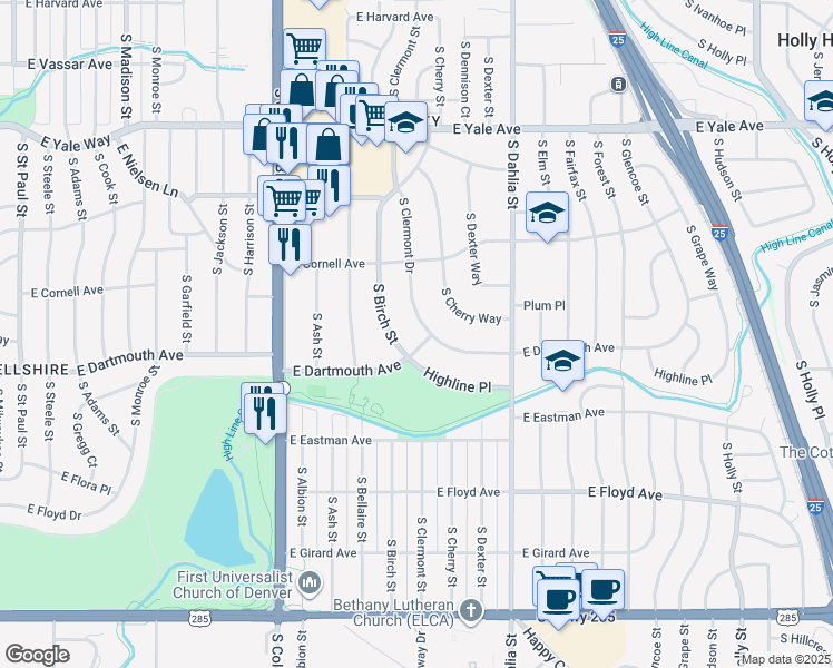 map of restaurants, bars, coffee shops, grocery stores, and more near 3085 South Clermont Drive in Denver