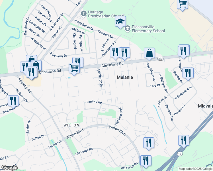map of restaurants, bars, coffee shops, grocery stores, and more near 54 Mackenzie Court in New Castle