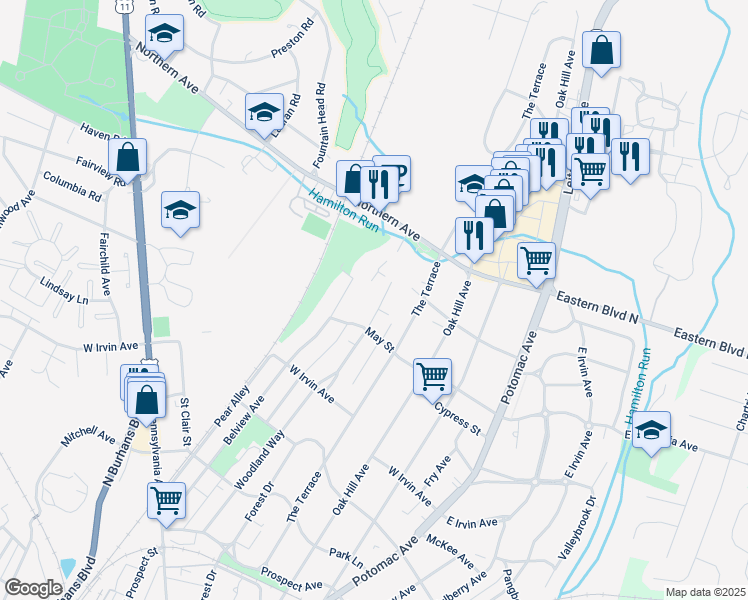 map of restaurants, bars, coffee shops, grocery stores, and more near 1327 Woodland Way in Hagerstown