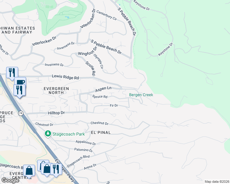 map of restaurants, bars, coffee shops, grocery stores, and more near 29895 Spruce Road in Evergreen