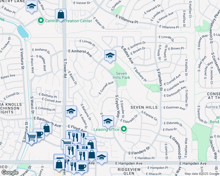 map of restaurants, bars, coffee shops, grocery stores, and more near 19058 East Cornell Avenue in Aurora