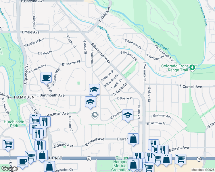 map of restaurants, bars, coffee shops, grocery stores, and more near 8671 East Cornell Drive in Denver
