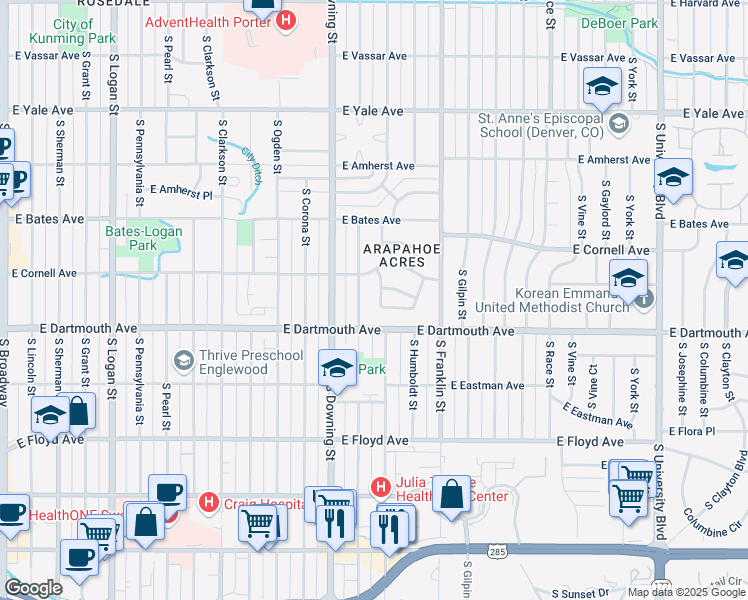 map of restaurants, bars, coffee shops, grocery stores, and more near 3017 South Cornell Circle in Englewood