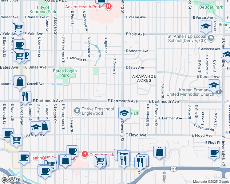 map of restaurants, bars, coffee shops, grocery stores, and more near 3040 South Corona Street in Englewood