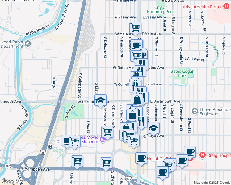 map of restaurants, bars, coffee shops, grocery stores, and more near 3048 South Cherokee Street in Englewood
