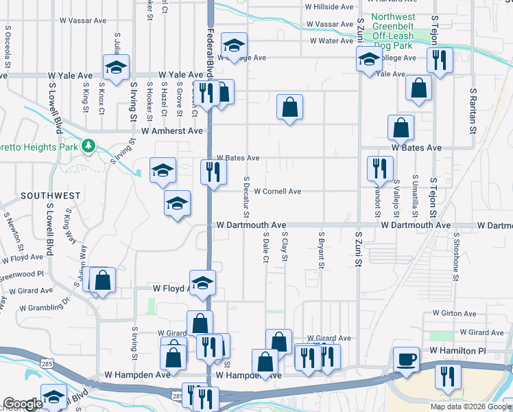 map of restaurants, bars, coffee shops, grocery stores, and more near 3090 South Decatur Street in Denver