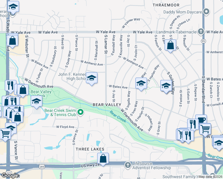 map of restaurants, bars, coffee shops, grocery stores, and more near 2900 South Jay Street in Denver