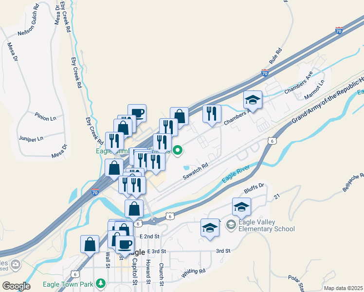 map of restaurants, bars, coffee shops, grocery stores, and more near 725 Chambers Avenue in Eagle