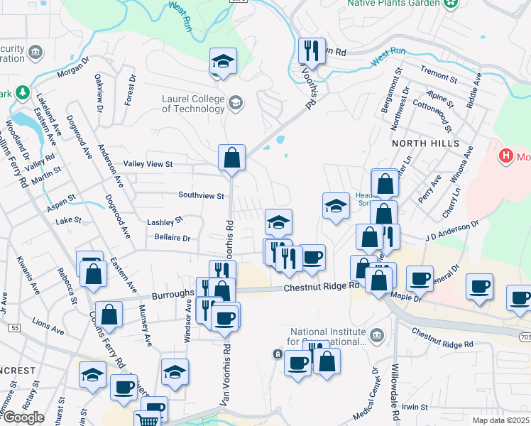 map of restaurants, bars, coffee shops, grocery stores, and more near 2008 White Oak Court in Morgantown