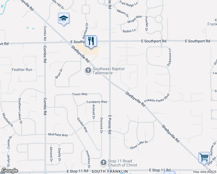 map of restaurants, bars, coffee shops, grocery stores, and more near 7346 5 Points Road in Indianapolis